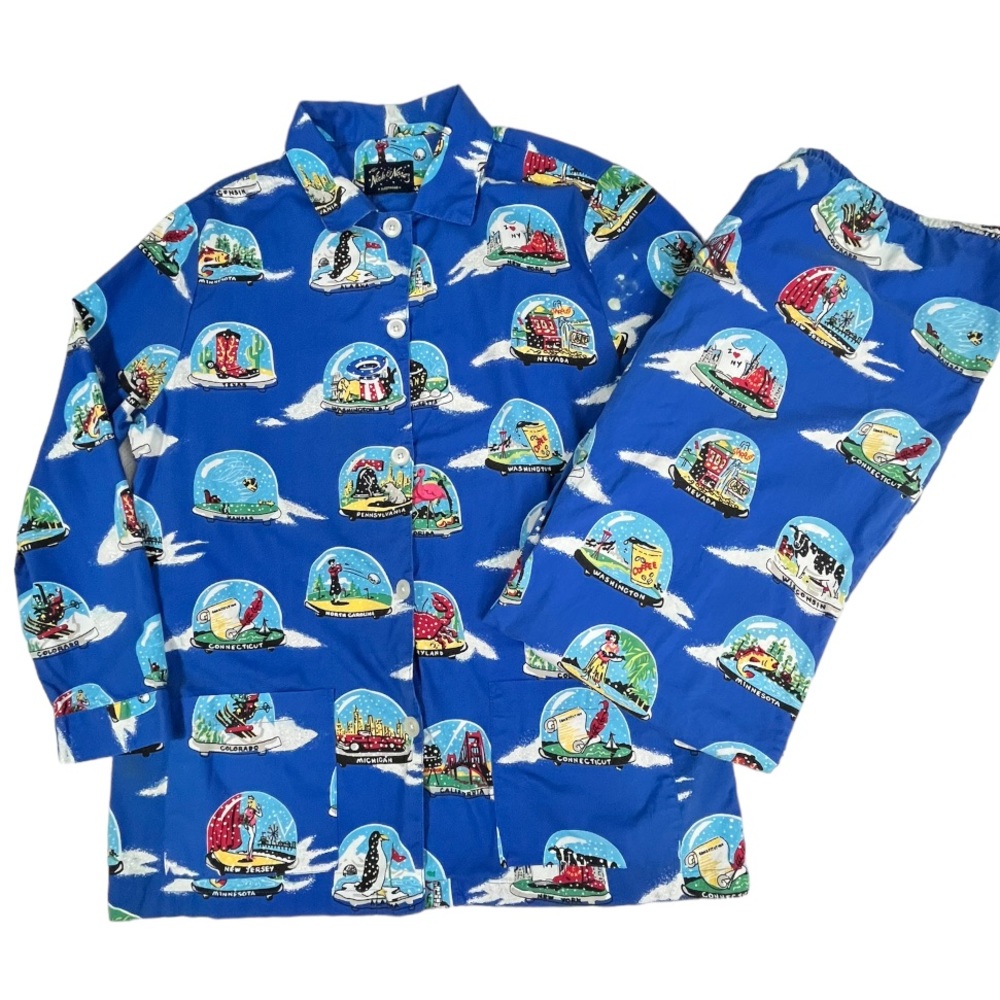 Nick & Nora Sleepwear Pajama Set Womens Large Blue State Snow Globe Top Bottom